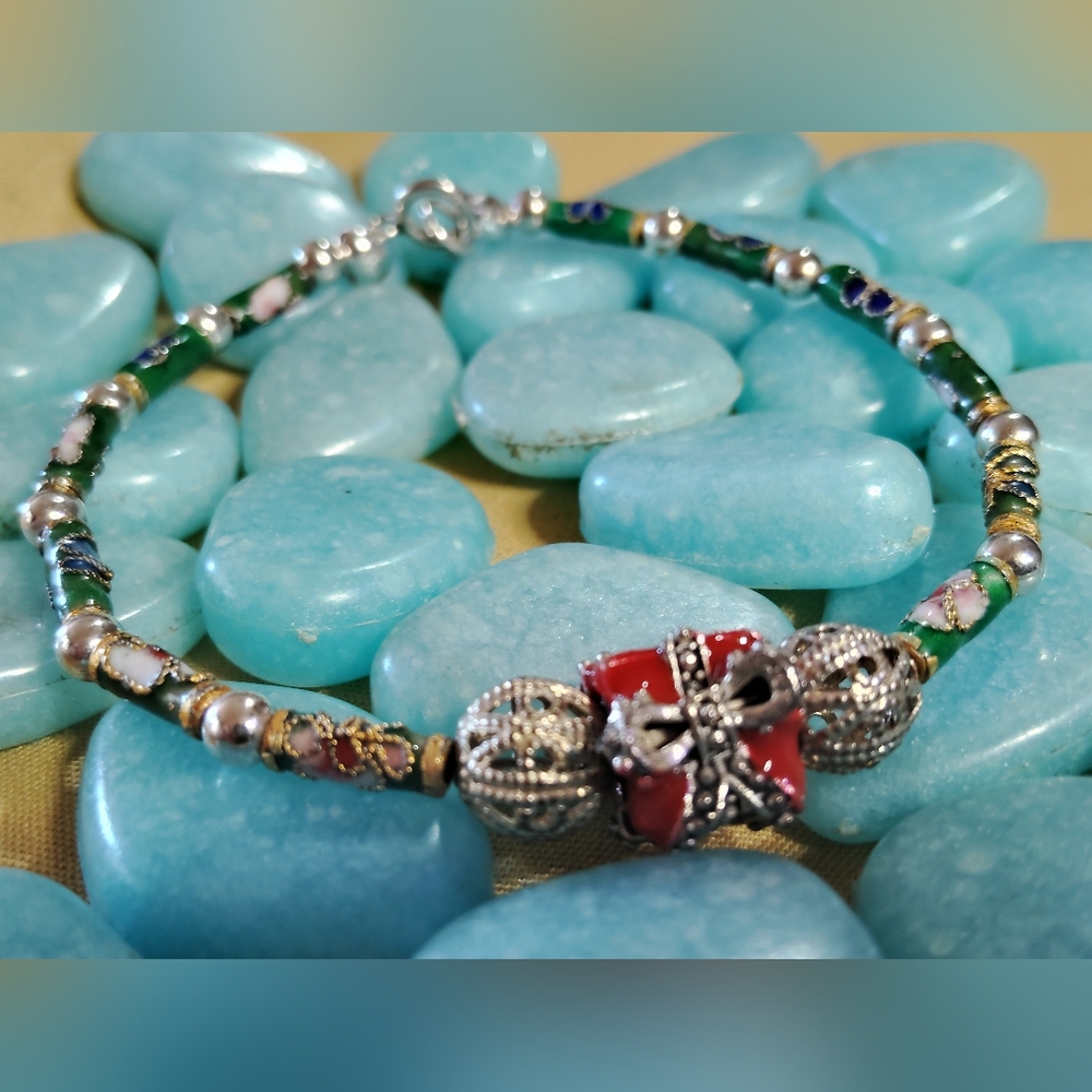 📌 FIRM PRICE-STERLING SILVER BEADED BRACELET, CHRISTMAS GIFT CHARM.  7-3/4" L